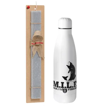 M.I.L.F. Mam i love fishing, Easter Set, metallic stainless thermos bottle (500ml) & scented flat Easter candle (30cm) (GRAY)