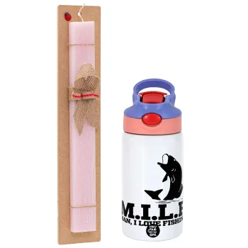 M.I.L.F. Mam i love fishing, Easter Set, Children's thermal stainless steel water bottle with safety straw, pink/purple (350ml) & Easter scented flat candle (30cm) (PINK)