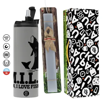 M.I.L.F. Mam i love fishing, Πασχαλινή Λαμπάδα με Travel Tumbler θερμό (600ml, BPA free) & κερί αρωματικό πλακέ (30cm) (ΓΚΡΙ)