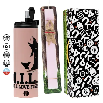 M.I.L.F. Mam i love fishing, Πασχαλινή Λαμπάδα με  ΡΟΖ Travel Tumbler θερμό (600ml, BPA free) & κερί αρωματικό πλακέ (30cm) (ΡΟΖ)