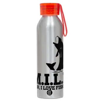M.I.L.F. Mam i love fishing, Aluminum Sports Bottle 650ml – Silver with Red Cap and Silicone Strap