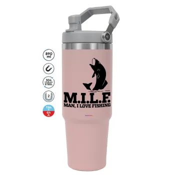 M.I.L.F. Mam i love fishing, ΡΟΖ χρώματος Θερμός Ανοξείδωτο 890ml (30oz) με χερούλι