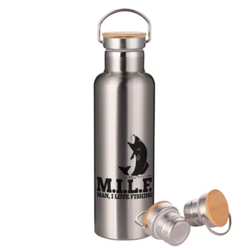 M.I.L.F. Mam i love fishing, Μεταλλικό παγούρι θερμός (Stainless steel) Ασημένιο με ξύλινο καπακι (bamboo), διπλού τοιχώματος, 750ml