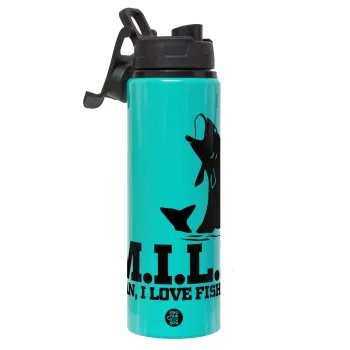 M.I.L.F. Mam i love fishing, Μεταλλικό παγούρι νερού με καπάκι ασφαλείας, αλουμινίου 850ml