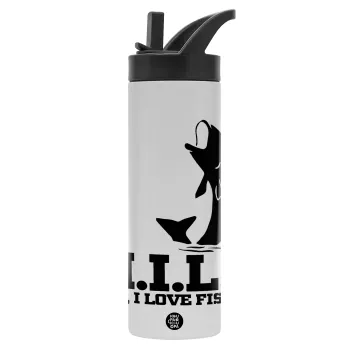 M.I.L.F. Mam i love fishing, Μεταλλικό παγούρι θερμός με καλαμάκι & χειρολαβή, ανοξείδωτο ατσάλι (Stainless steel 304), διπλού τοιχώματος, 600ml