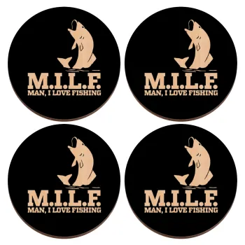 M.I.L.F. Mam i love fishing, ΣΕΤ x4 Σουβέρ ξύλινα στρογγυλά plywood (9cm)