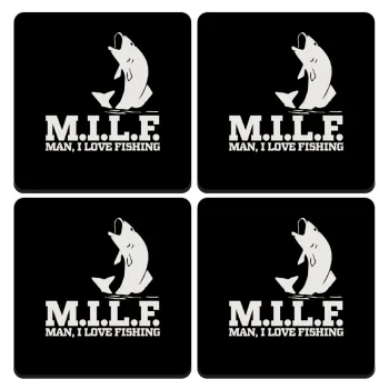 M.I.L.F. Mam i love fishing, ΣΕΤ 4 Σουβέρ ξύλινα τετράγωνα (9cm)