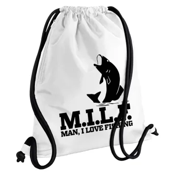 M.I.L.F. Mam i love fishing, Backpack pouch GYMBAG white, with pocket (40x48cm) & thick cords