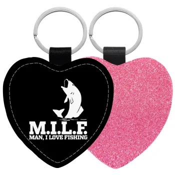 M.I.L.F. Mam i love fishing, Μπρελόκ PU δερμάτινο glitter καρδιά ΡΟΖ