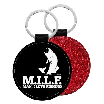 M.I.L.F. Mam i love fishing, Μπρελόκ Δερματίνη, στρογγυλό ΚΟΚΚΙΝΟ (5cm)