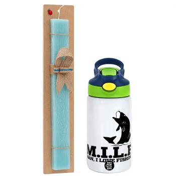 M.I.L.F. Mam i love fishing, Easter Set, Children's thermal stainless steel bottle with safety straw, green/blue (350ml) & aromatic flat Easter candle (30cm) (TURQUOISE)