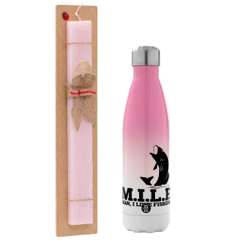 M.I.L.F. Mam i love fishing, Easter Set, Metallic pink/white (Stainless steel) thermos, double-walled, 500ml & aromatic flat Easter candle (30cm) (PINK)