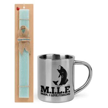 M.I.L.F. Mam i love fishing, Easter Set, metallic thermal cup (300ml) & aromatic flat Easter candle (30cm) (TURQUOISE)