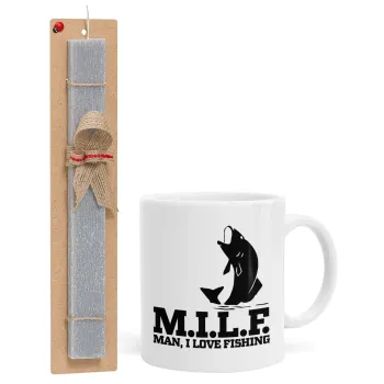 M.I.L.F. Mam i love fishing, Πασχαλινή Λαμπάδα με Κούπα κεραμική (330ml) & κερί αρωματικό πλακέ (30cm) (ΓΚΡΙ)