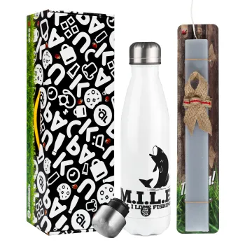 M.I.L.F. Mam i love fishing, Easter candle, metallic white thermos bottle (500ml) & aromatic flat candle (30cm) (GRAY)