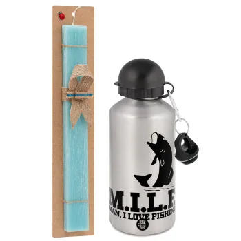 M.I.L.F. Mam i love fishing, Easter Set, metallic silver aluminum water bottle (500ml) & scented flat Easter candle (30cm) (TURQUOISE)