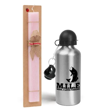 M.I.L.F. Mam i love fishing, Easter Set, metallic Silver aluminum water bottle (500ml) & scented flat Easter candle (30cm) (PINK)