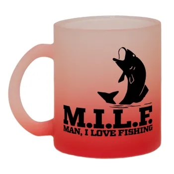 M.I.L.F. Mam i love fishing, Κούπα γυάλινη δίχρωμη με βάση το κόκκινο ματ, 330ml