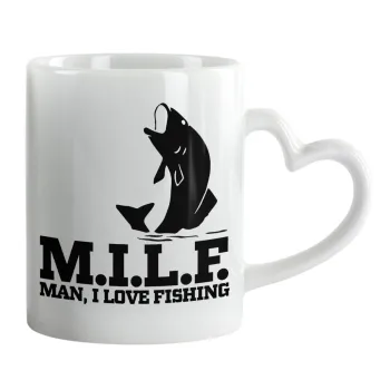 M.I.L.F. Mam i love fishing, Κούπα καρδιά χερούλι λευκή, κεραμική, 330ml