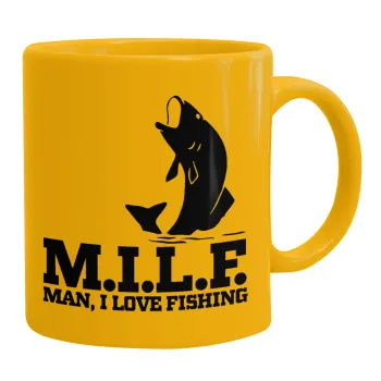 M.I.L.F. Mam i love fishing, Ceramic coffee mug yellow, 330ml