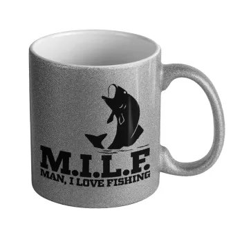 M.I.L.F. Mam i love fishing, Κούπα Ασημένια Glitter που γυαλίζει, κεραμική, 330ml