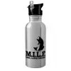Water bottle Silver with straw, stainless steel 600ml