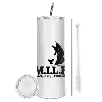 M.I.L.F. Mam i love fishing, Tumbler ποτήρι θερμό από ανοξείδωτο ατσάλι 600ml, με μεταλλικό καλαμάκι & βούρτσα καθαρισμού