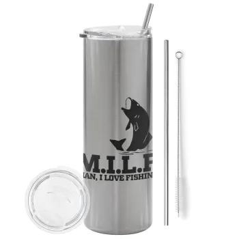 M.I.L.F. Mam i love fishing, Tumbler ποτήρι θερμό Ασημένιο από ανοξείδωτο ατσάλι 600ml, με μεταλλικό καλαμάκι & βούρτσα καθαρισμού