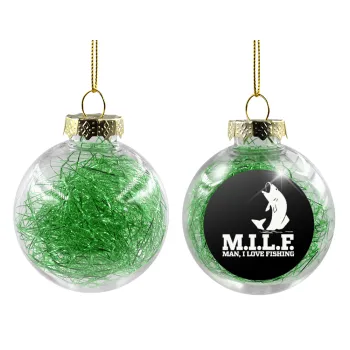 M.I.L.F. Mam i love fishing, Στολίδι Χριστουγεννιάτικη μπάλα δένδρου διάφανη με πράσινο γέμισμα 8cm