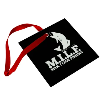 M.I.L.F. Mam i love fishing, Στολίδι Χριστουγεννιάτικο στολίδι γυάλινο τετράγωνο 9x9cm