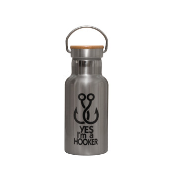 Yes i am Hooker, Stainless steel metallic thermos flask, silver with a bamboo lid, double-walled, 350ml.
