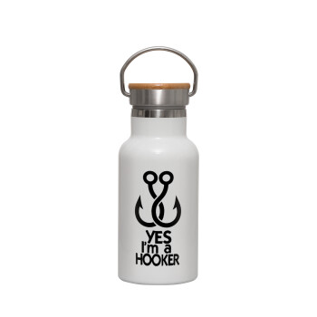 Yes i am Hooker, Metallic thermos (Stainless steel) White with wooden lid (bamboo), double-walled, 350ml