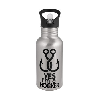 Yes i am Hooker, Water bottle Silver with straw, stainless steel 500ml