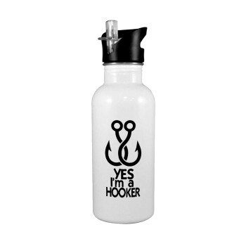 Yes i am Hooker, White water bottle with straw, stainless steel 600ml