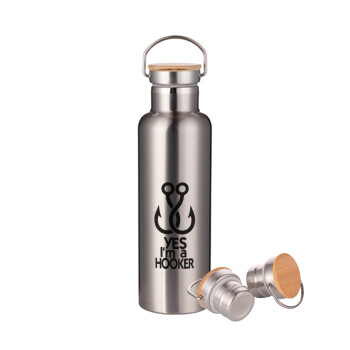 Yes i am Hooker, Stainless steel Silver with wooden lid (bamboo), double wall, 750ml