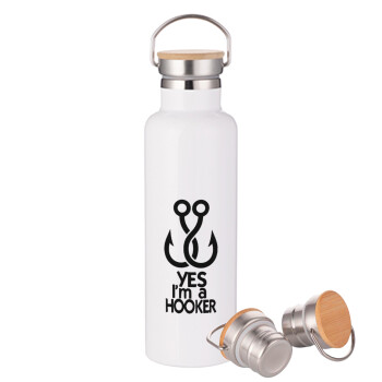 Yes i am Hooker, Stainless steel White with wooden lid (bamboo), double wall, 750ml
