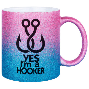 Yes i am Hooker, Κούπα Χρυσή/Μπλε Glitter, κεραμική, 330ml