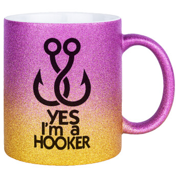 Yes i am Hooker, Κούπα Χρυσή/Ροζ Glitter, κεραμική, 330ml