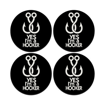 Yes i am Hooker, ΣΕΤ 4 Σουβέρ ξύλινα στρογγυλά (9cm)