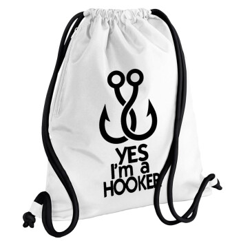 Yes i am Hooker, Backpack pouch GYMBAG white, with pocket (40x48cm) & thick cords