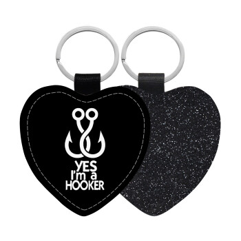 Yes i am Hooker, Μπρελόκ PU δερμάτινο glitter καρδιά ΜΑΥΡΟ