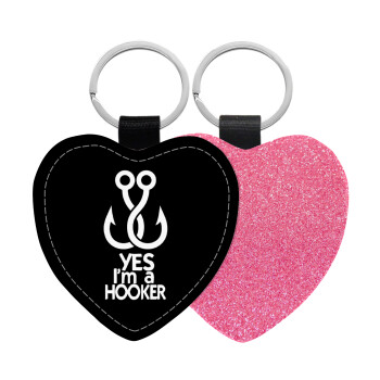 Yes i am Hooker, Μπρελόκ PU δερμάτινο glitter καρδιά ΡΟΖ