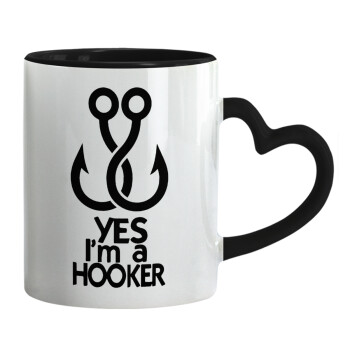 Yes i am Hooker, Κούπα καρδιά χερούλι μαύρη, κεραμική, 330ml