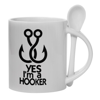 Yes i am Hooker, Ceramic coffee mug with Spoon, 330ml (1pcs)