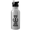Water bottle Silver with straw, stainless steel 600ml