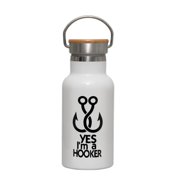 Yes i am Hooker — Metallic thermos (Stainless steel) White with wooden lid (bamboo), double-walled, 350ml