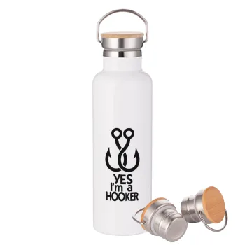 Yes i am Hooker, Stainless steel White with wooden lid (bamboo), double wall, 750ml