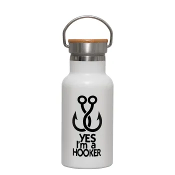 Yes i am Hooker, Metallic thermos (Stainless steel) White with wooden lid (bamboo), double-walled, 350ml