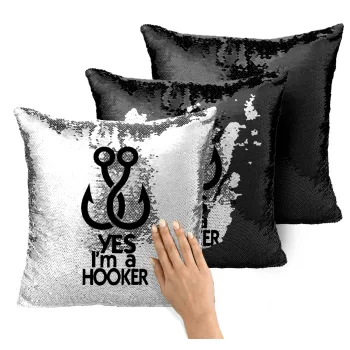 Yes i am Hooker, Μαξιλάρι καναπέ Μαγικό Μαύρο με πούλιες 40x40cm περιέχεται το γέμισμα