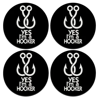 Yes i am Hooker, SET of 4 round wooden coasters (9cm)